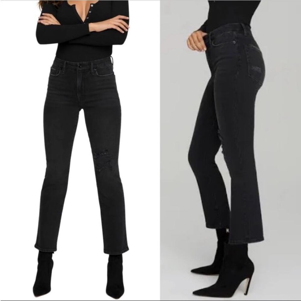 Good American Good Classic Black High Waist Straight Jeans 26 Distressed